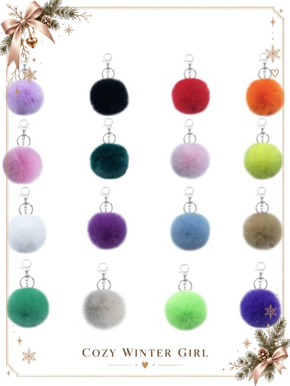 16 Pack Faux Rabbit Fur Pom Pom Keychain Set Fluffy Bag Charm